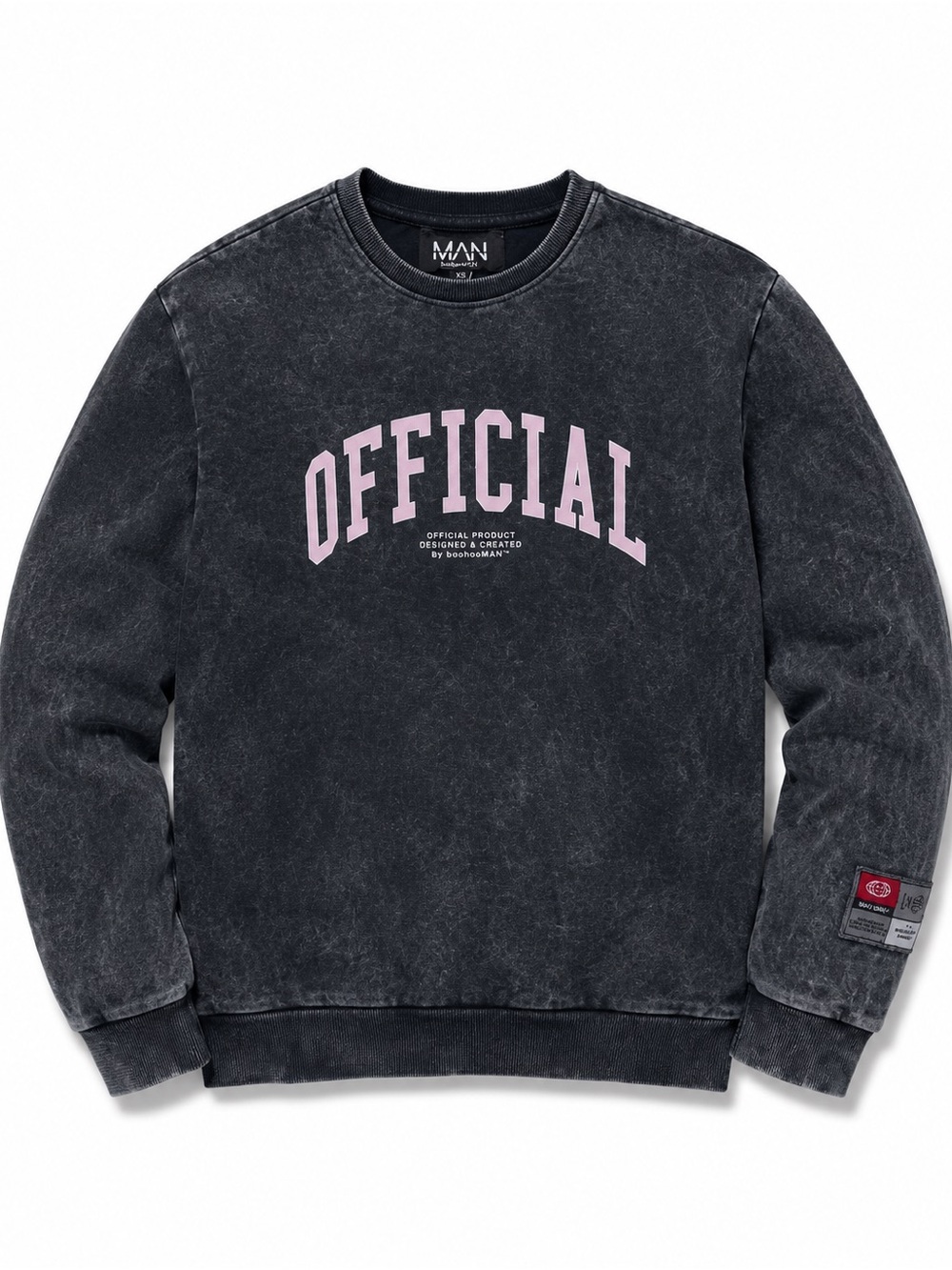 Boohoo MAN Washed Black Crewneck with Pink 'OFFICIAL' Logo